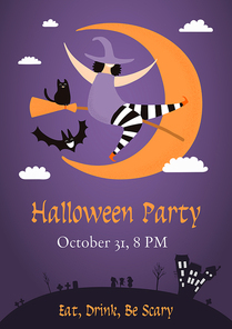 Banner, invitation, background design with night sky, crescent moon, house, funny witch, black cat, flying bat, text Halloween Party. Hand drawn vector illustration. Holiday decor concept. Flat style.