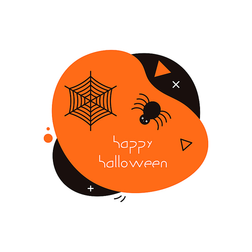 Banner, party invitation design element with abstract shapes, spider, web, text Happy Halloween, orange, black. Isolated on white . Hand drawn vector illustration. Holiday decor concept.