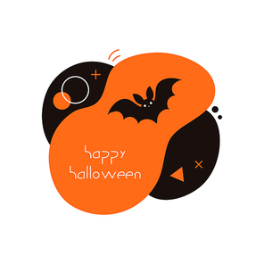 Banner, party invitation design element with abstract shapes, bat, text Happy Halloween, orange, black. Isolated objects on white . Hand drawn vector illustration. Holiday decor concept.