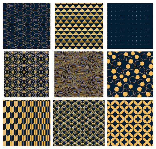 Collection of traditional eastern seamless patterns, golden on dark blue background. Vector illustration. Flat style design. Concept for decorative element, textile print, wallpaper, wrapping paper.