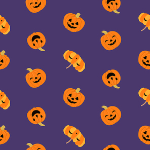 Hand drawn seamless vector pattern with cute pumpkins, jack o lanterns, on a violet background. Kawaii style flat design. Concept for Halloween textile , wallpaper, wrapping paper, holiday decor.