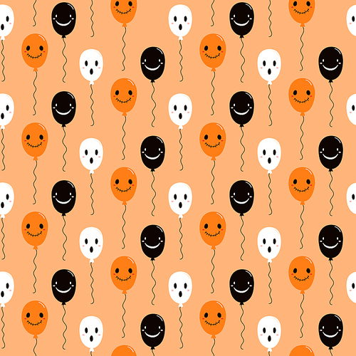 Hand drawn seamless vector pattern with cute flying balloons, on a light orange background. Kawaii style flat design. Concept for Halloween textile , wallpaper, wrapping paper, holiday decor.