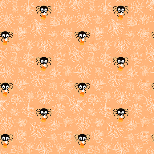 Hand drawn seamless vector pattern with cute spiders, webs, corn candy, on an orange background. Kawaii style flat design. Concept Halloween textile , wallpaper, wrapping paper, holiday decor.