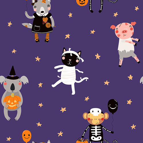 Hand drawn seamless vector pattern with cute animals in Halloween costumes, on a violet background. Scandinavian style flat design. Concept for children textile , wallpaper, wrapping paper.