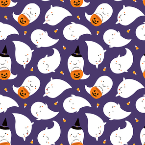 Hand drawn seamless vector pattern with cute ghosts, pumpkins, corn candy, on a violet background. Kawaii style flat design. Concept Halloween textile , wallpaper, wrapping paper, holiday decor.