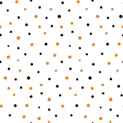 Halloween hand drawn seamless vector pattern with orange and black polka dots on a white background. Flat style design. Concept for children textile , wallpaper, wrapping paper, holiday decor.