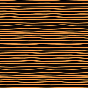 Halloween hand drawn seamless vector pattern with horizontal stripes, orange on a black background. Flat style design. Concept for children textile , wallpaper, wrapping paper, holiday decor.