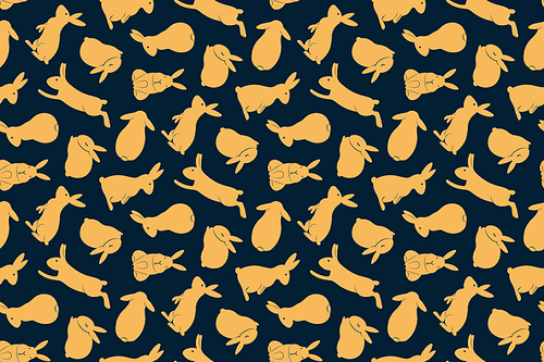 hand drawn seamless vector pattern with cute rabbits, gold on a dark blue background. design concept for 중추절 , packaging, wrapping paper. flat style illustration.