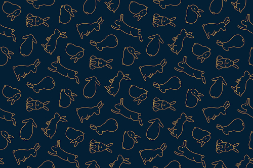 hand drawn seamless vector pattern with cute rabbits, gold on a dark blue background. design concept for 중추절 , packaging, wrapping paper. line art illustration.