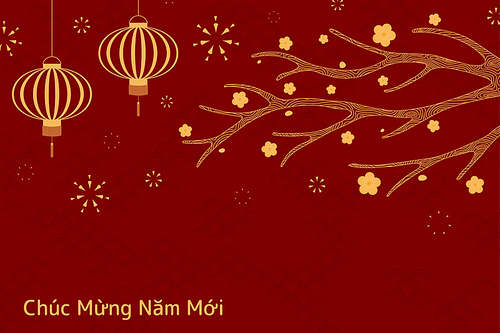 Hand drawn vector illustration for Tet with fireworks, lanterns, apricot tree branch, Vietnamese text Happy New Year, golden on red background. Flat style design. Concept holiday card, poster, banner.