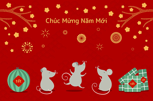 hand drawn vector illustration for tet with cute rats,  cakes, watermelon, apricot flowers, fireworks, vietnamese text happy new year. flat style design. concept for holiday card, poster, banner.