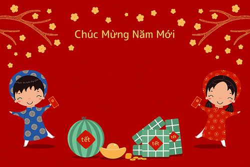 hand drawn vector illustration for tet with cute kids in ao dai,  cakes, gold, watermelon, apricot flowers, vietnamese text happy new year. flat style design. concept holiday card, poster, banner.