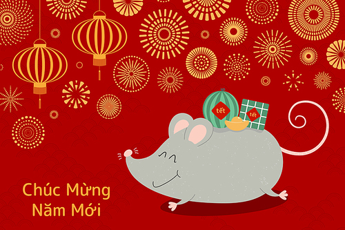 hand drawn vector illustration for tet with cute rat carrying  cake, watermelon, gold, fireworks, lanterns, vietnamese text happy new year. flat style design. concept holiday card, poster, banner