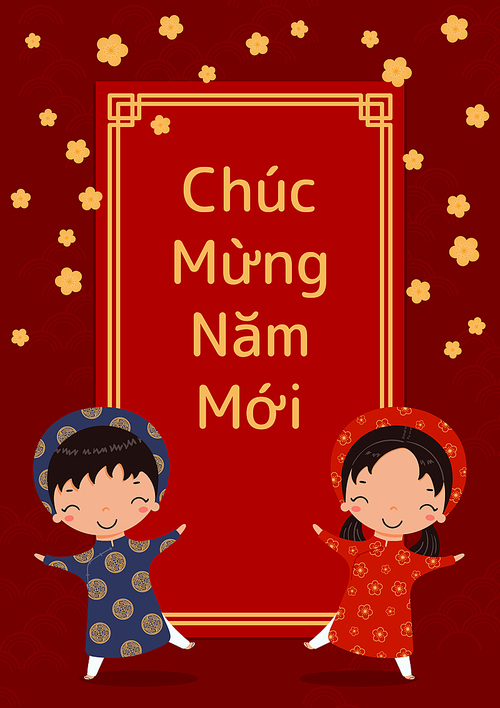 Hand drawn vector illustration for Tet with cute kids, boy and girl, in ao dai, red envelope, apricot flowers, Vietnamese text Happy New Year. Flat style design. Concept holiday card, poster, banner.