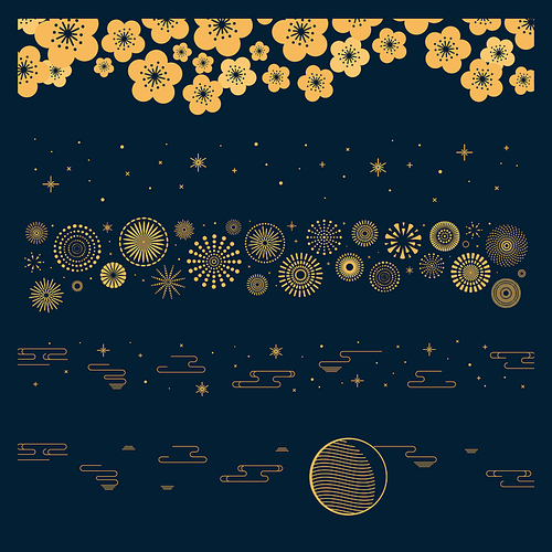 collection of gold decorative horizontal borders in oriental style with moon, stars, clouds, flowers, fireworks, for chinese new year, 중추절. isolated objects. vector illustration.