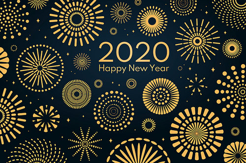 Vector illustration with bright golden fireworks on a dark blue background, text 2020 Happy New Year. Flat style design. Concept for holiday celebration, greeting card, poster, banner, flyer.