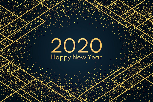 Vector illustration with golden glitter, geometric elements on a dark blue background, text 2020 Happy New Year. Flat style design. Concept for holiday celebration, greeting card, poster, banner.