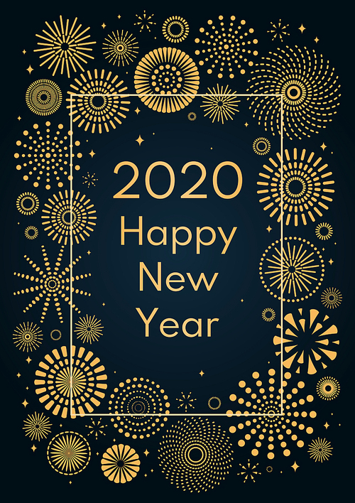 Vector illustration with golden fireworks frame on a dark blue background, text 2020 Happy New Year. Flat style design. Concept for holiday celebration, greeting card, poster, banner, flyer.