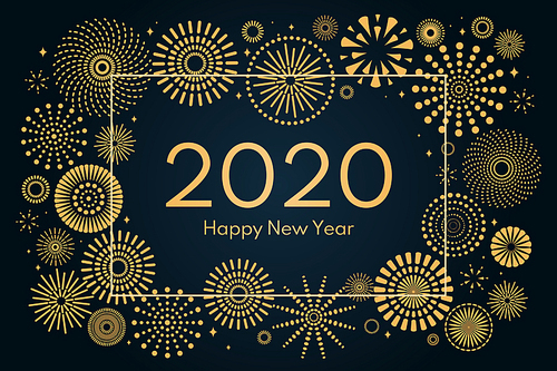 Vector illustration with golden fireworks frame on a dark blue background, text 2020 Happy New Year. Flat style design. Concept for holiday celebration, greeting card, poster, banner, flyer.