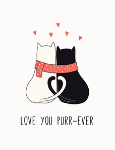 Hand drawn Valentines day card, banner with cute cats couple, hearts, text Love you purr-ever. Vector illustration. Line drawing. Isolated on white. Design concept for holiday , invite, gift tag.