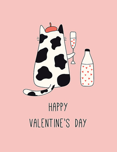 Hand drawn card, banner with cute cat in beret drinking milk, hearts, text Happy Valentines day. Vector illustration. Line drawing. Isolated objects. Design concept for holiday , invite, gift tag