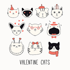 Collection of cute funny doodles of different cats faces, with hearts. Isolated objects on white. Hand drawn vector illustration. Line drawing. Design concept for Valentines day card invite, .