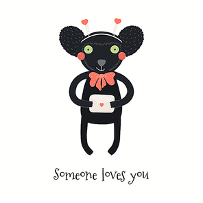 Hand drawn Valentines day card with cute indri with letter, quote Someone loves you. Vector illustration. Isolated on white . Scandinavian style flat design. Concept for kids , invite.