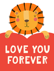 Hand drawn Valentines day card with cute lion with heart, quote Love you forever. Vector illustration. Isolated on white . Scandinavian style flat design. Concept for children , invite.