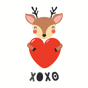 Hand drawn Valentines day card with cute deer with heart, quote XOXO. Vector illustration. Isolated on white . Scandinavian style flat design. Concept for children , invite.