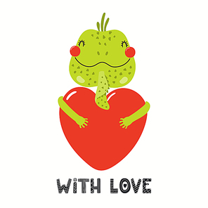 Hand drawn Valentines day card with cute iguana with heart, quote With love. Vector illustration. Isolated on white . Scandinavian style flat design. Concept for children print, invite.