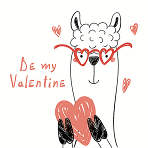hand drawn vector illustration of a cute funny llama in glasses, holding a heart, with text be my valentine. isolated objects on . line drawing. design concept for kids card, invite.