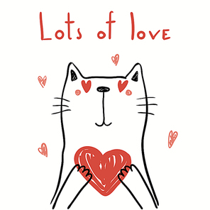Hand drawn vector illustration of a cute funny cat holding a heart, with text Lots of love. Isolated objects on white . Line drawing. Design concept for kids Valentines day card, invite.