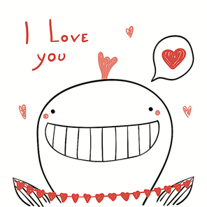 hand drawn vector illustration of a cute funny whale holding hearts garland, with text i love you. isolated objects on . line drawing. design concept kids valentines day card, invite.