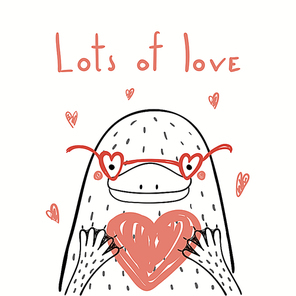 Hand drawn vector illustration of a cute funny platypus in glasses, holding a heart, with text Lots of love. Isolated objects on white. Line drawing. Design concept kids Valentines day card, invite.