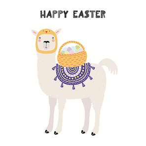 Hand drawn vector illustration with cute funny llama, basket with eggs, text Happy Easter. Isolated on white . Scandinavian style flat design. Concept for children print, card, invite.