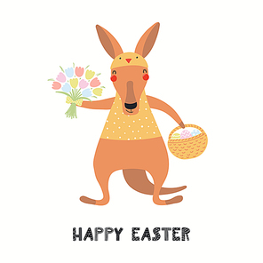 Hand drawn vector illustration with cute kangaroo, basket with eggs, flowers, text Happy Easter. Isolated on white . Scandinavian style flat design. Concept for children , card, invite.
