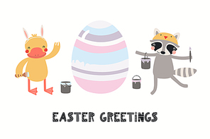 Hand drawn vector illustration with cute funny duck, raccoon painting eggs, text Easter Greetings. Isolated on white . Scandinavian style flat design. Concept for kids , card, invite.