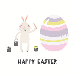 Hand drawn vector illustration with cute funny bunny painting eggs, text Happy Easter. Isolated on white . Scandinavian style flat design. Concept for children print, card, invite.