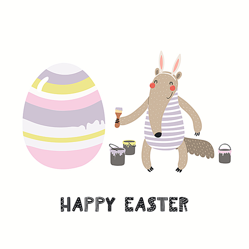 Hand drawn vector illustration with cute funny anteater painting eggs, text Happy Easter. Isolated on white . Scandinavian style flat design. Concept for children print, card, invite.