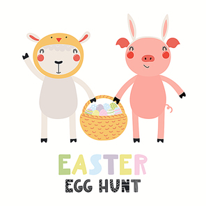 Hand drawn vector illustration with cute funny sheep, pig, basket with eggs, text Easter Egg Hunt. Isolated on white . Scandinavian style flat design. Concept for kids , card, invite.