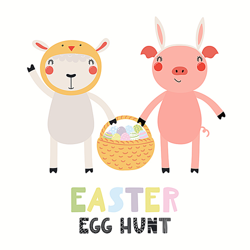 Hand drawn vector illustration with cute funny sheep, pig, basket with eggs, text Easter Egg Hunt. Isolated on white . Scandinavian style flat design. Concept for kids , card, invite.