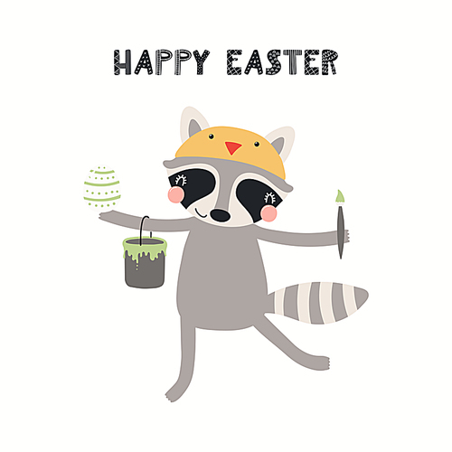 Hand drawn vector illustration with cute funny raccoon painting eggs, text Happy Easter. Isolated on white . Scandinavian style flat design. Concept for children print, card, invite.