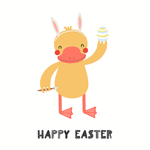 Hand drawn vector illustration with cute funny duck painting eggs, text Happy Easter. Isolated on white . Scandinavian style flat design. Concept for children print, card, invite.