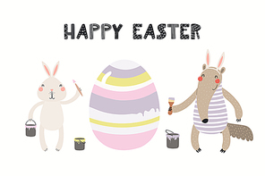 Hand drawn vector illustration with cute funny bunny, anteater painting eggs, text Happy Easter. Isolated on white . Scandinavian style flat design. Concept for children , card, invite.
