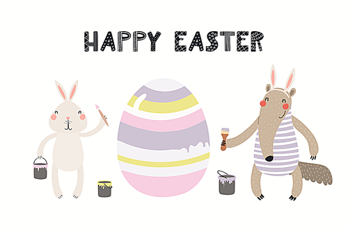 Hand drawn vector illustration with cute funny bunny, anteater painting eggs, text Happy Easter. Isolated on white . Scandinavian style flat design. Concept for children , card, invite.