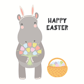 Hand drawn vector illustration with cute funny hippo, basket with eggs, flowers, text Happy Easter. Isolated on white . Scandinavian style flat design. Concept for kids , card, invite.