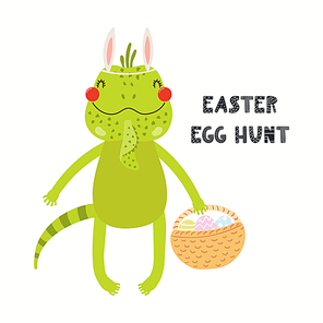 Hand drawn vector illustration with cute funny iguana, basket with eggs, text Easter Egg Hunt. Isolated on white . Scandinavian style flat design. Concept for children , card, invite.