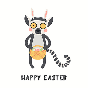 Hand drawn vector illustration with cute funny lemur, basket with eggs, text Happy Easter. Isolated on white . Scandinavian style flat design. Concept for children , card, invite.