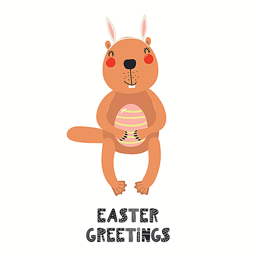 Hand drawn vector illustration with cute funny beaver, eggs, text Easter Greetings. Isolated on white . Scandinavian style flat design. Concept for children , card, invite.