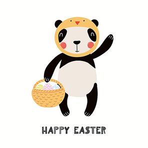 Hand drawn vector illustration with cute funny panda, basket with eggs, text Happy Easter. Isolated on white . Scandinavian style flat design. Concept for children print, card, invite.